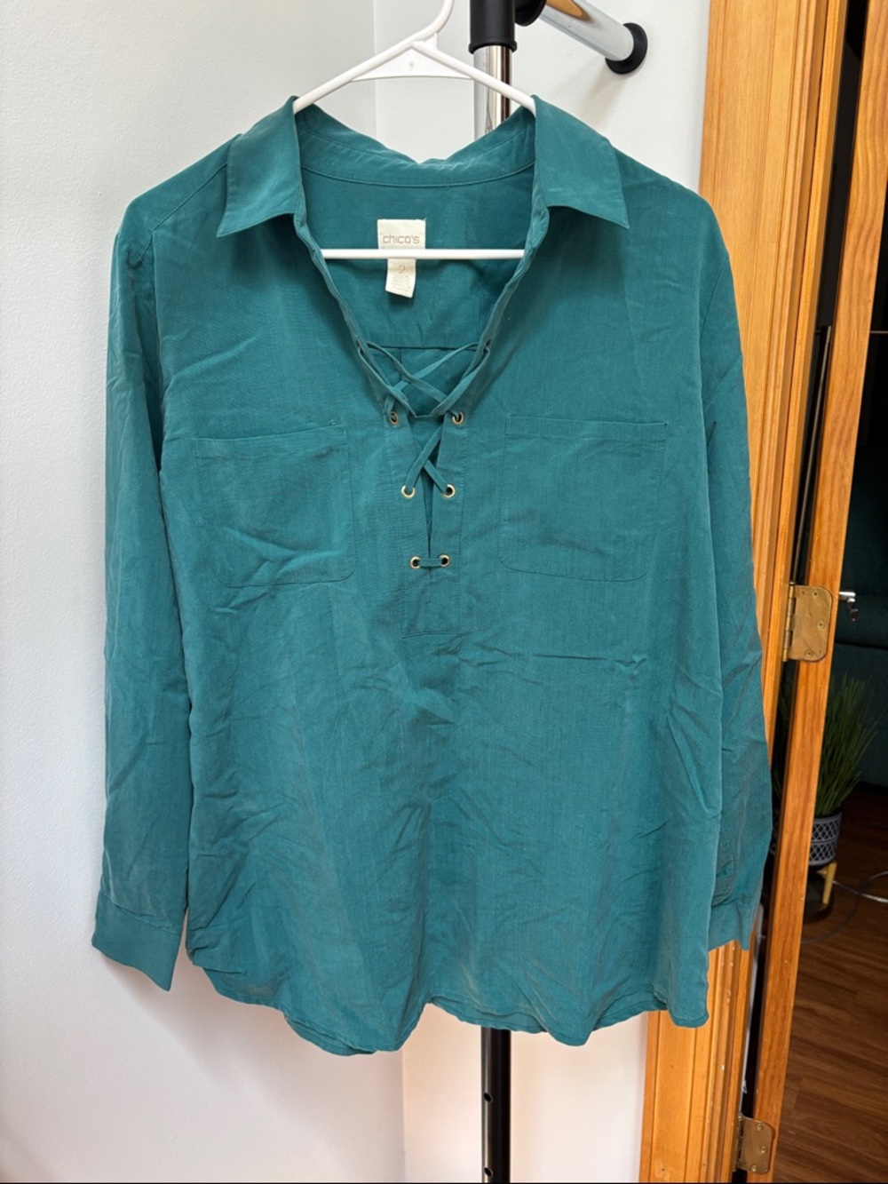 Chico's Teal Lace-Up Collared Tunic Blouse